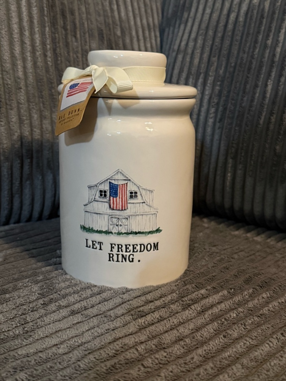 Rae Dunn White Ceramic Jar- LET FREEDOM RING. - NWT